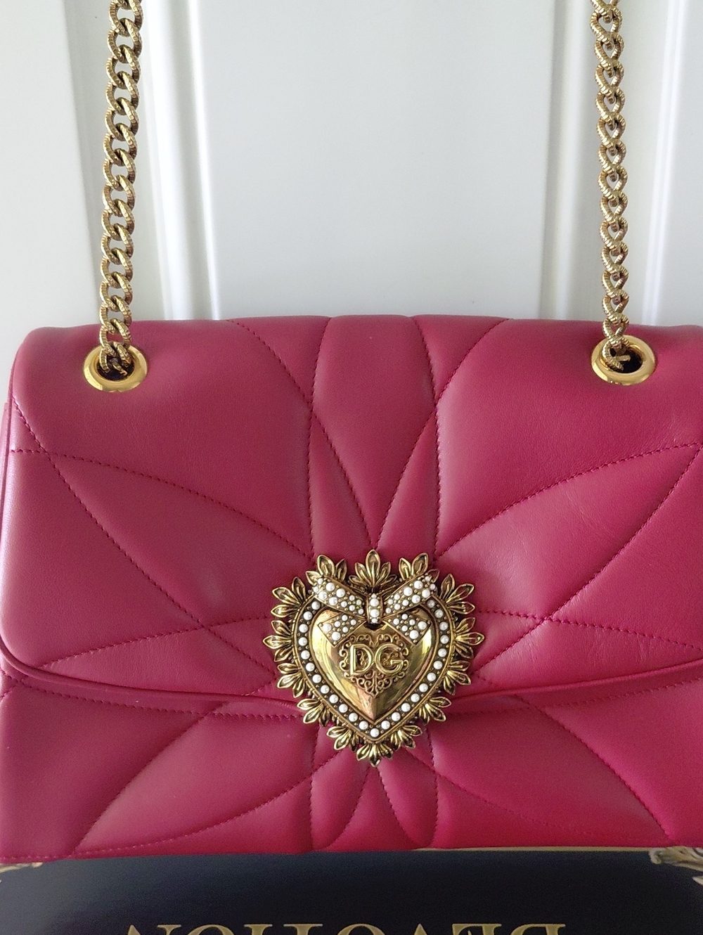 Dolce & Gabbana Red Quilted Leather Shoulder Bag with Gold Heart Medallion